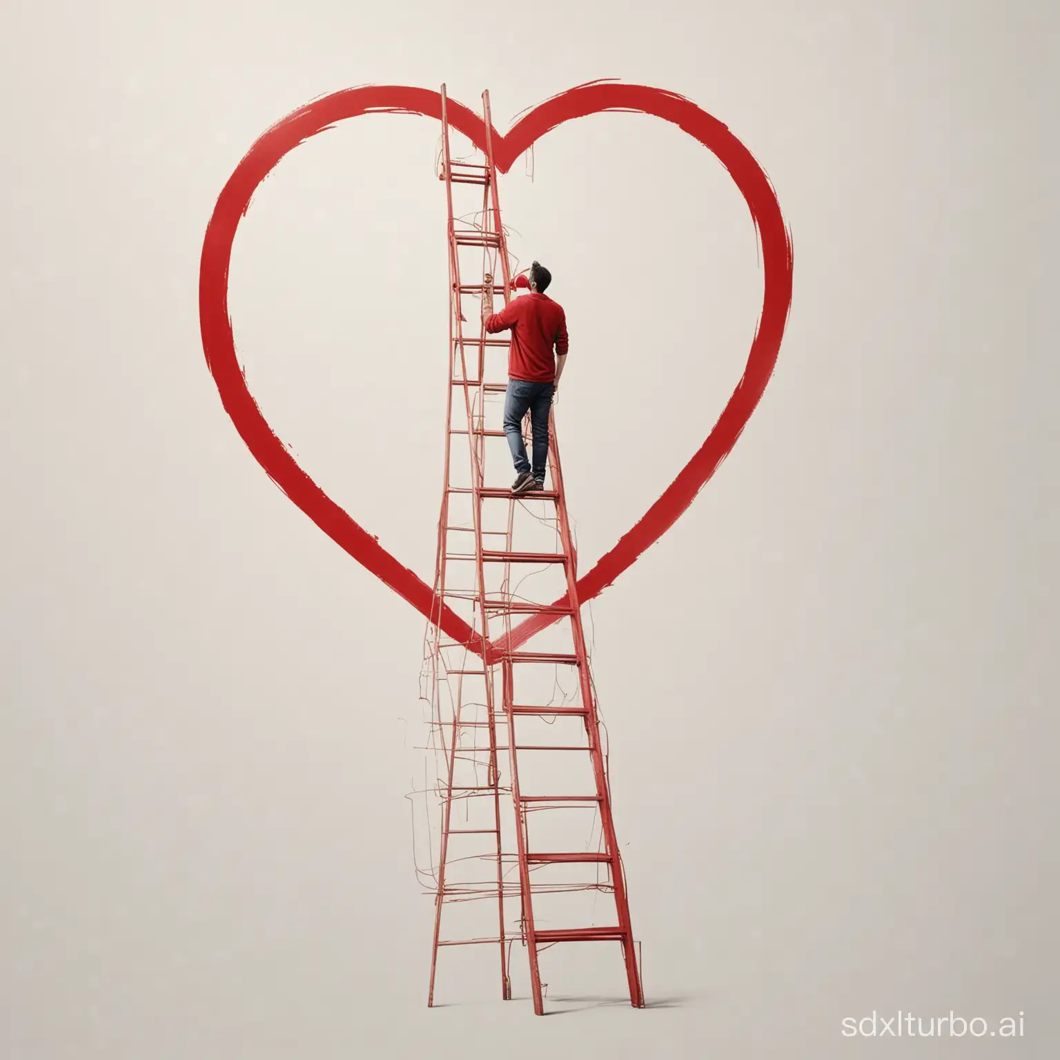 Over a white background an illustration in the style of Isidro Ferrer a big red heart shape with a ladder to the top and a man climbing it, in the style of Isidro Ferrer for a minimalism style poster,