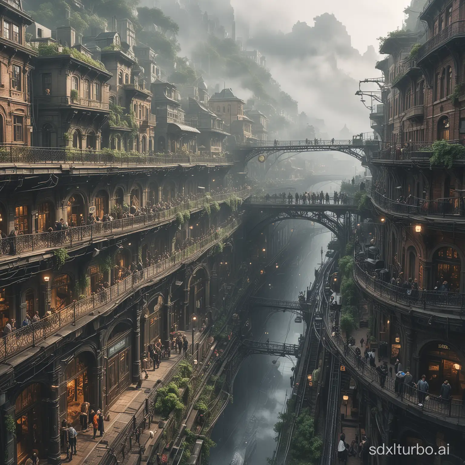 A prosperous city full of dense fog, cross-section, curvilinear building, the infinitely extending railway underground is exposed, shopping streets with people coming and going, detailed scenes, steampunk, organized, full of greenery, a building full of details The building is located at the end of the street