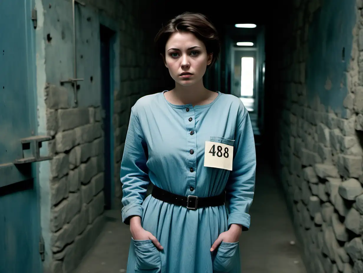 A busty prisoner woman (20 years old, same dress) stand in a prison corridor (Stone walls) in dirty ragged paleblue longsleeve midi-length buttoned gowndress (, a "4388" label on chest pocket, brunette short hair, collarless, roundneck, sad and ashamed ), look into camera