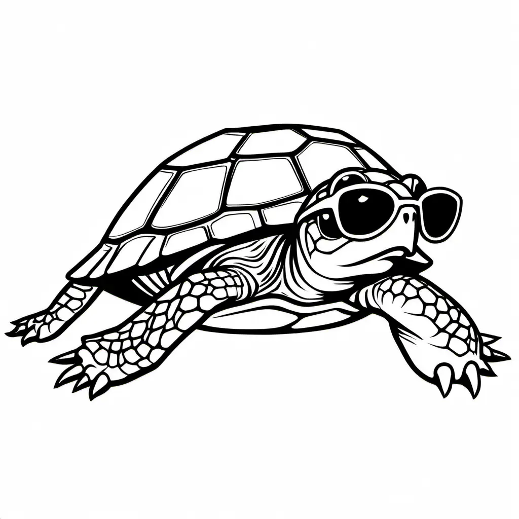 turtle with sunglasses, Coloring Page, black and white, line art, white background, Simplicity, Ample White Space. The background of the coloring page is plain white to make it easy for young children to color within the lines. The outlines of all the subjects are easy to distinguish, making it simple for kids to color without too much difficulty