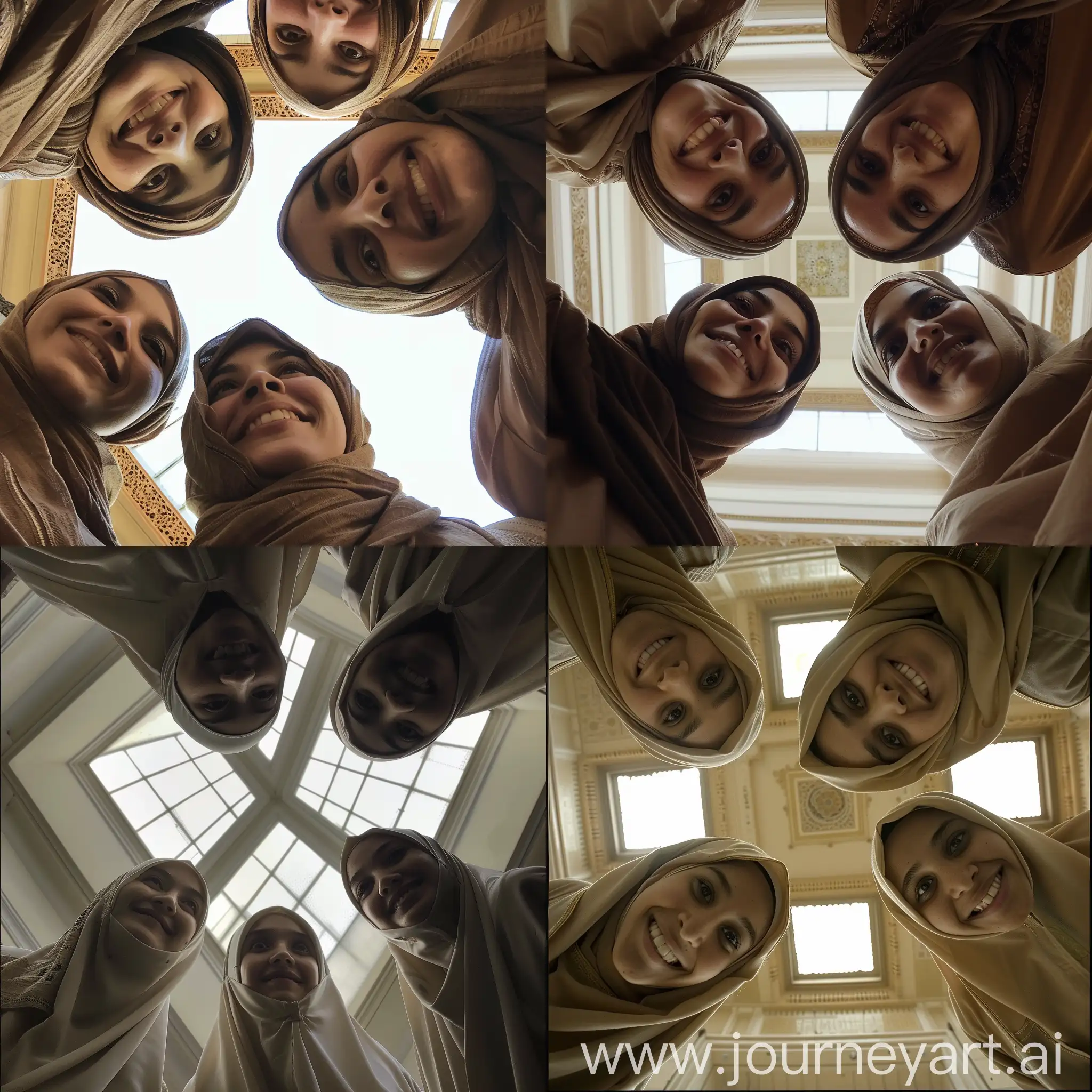 four muslim women looking at the down, smile face, bottom view, realistic, burqa, islamic dress, real life, real human, indoor ceiling, covered face, happy expression 