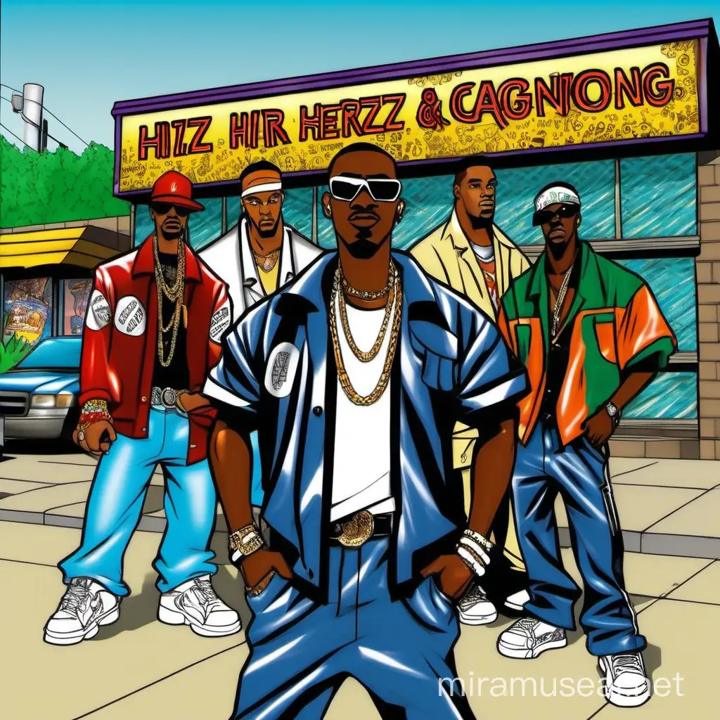 African american gangstas wearing sports jackets patches durags bandannas blingy fashion at hiz & herz fashion clothing store in background 2007 late 2000s commercial cartoon model