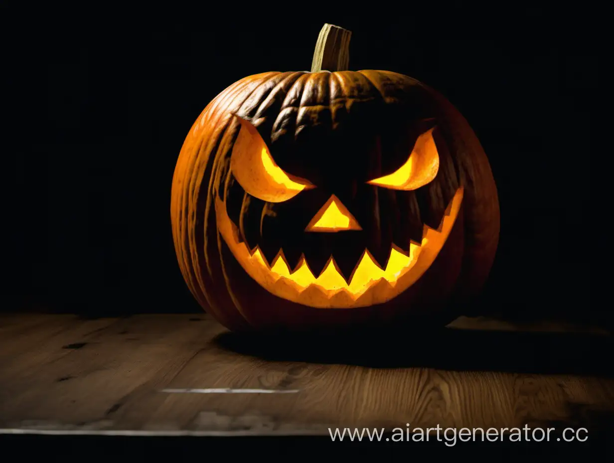 Spooky-Carved-Pumpkin-with-Glowing-Eyes-on-Dark-Table
