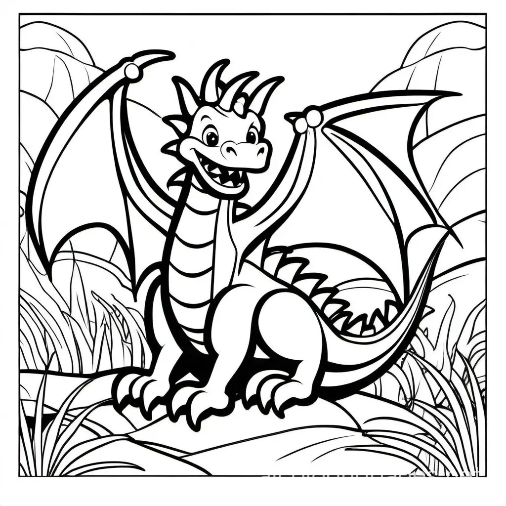 happy friendly dragon coloring book page for kids, Coloring Page, black and white, line art, white background, Simplicity, Ample White Space. The background of the coloring page is plain white to make it easy for young children to color within the lines. The outlines of all the subjects are easy to distinguish, making it simple for kids to color without too much difficulty