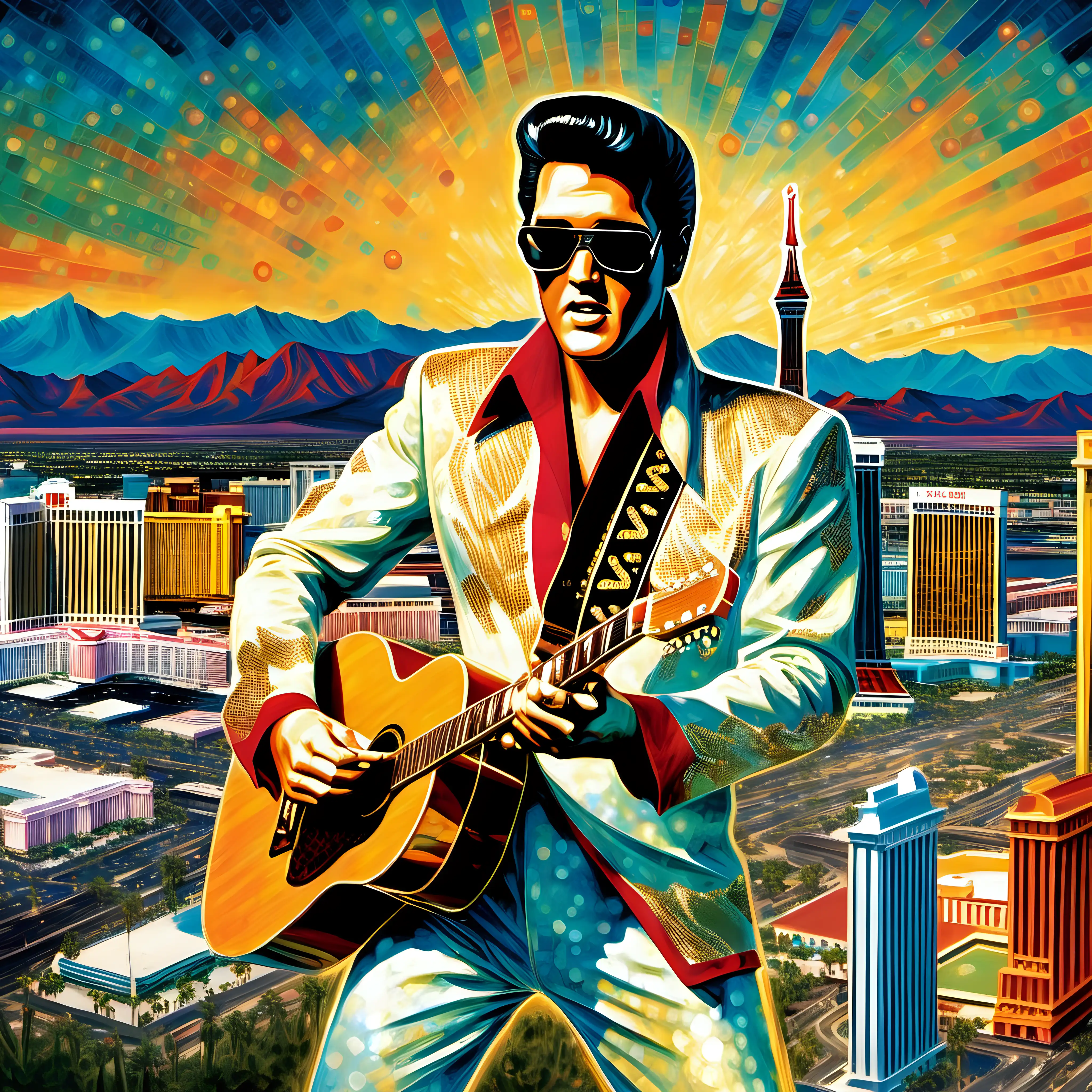 Elvis Presley Impressionist Guitar Performance in Vibrant Las Vegas