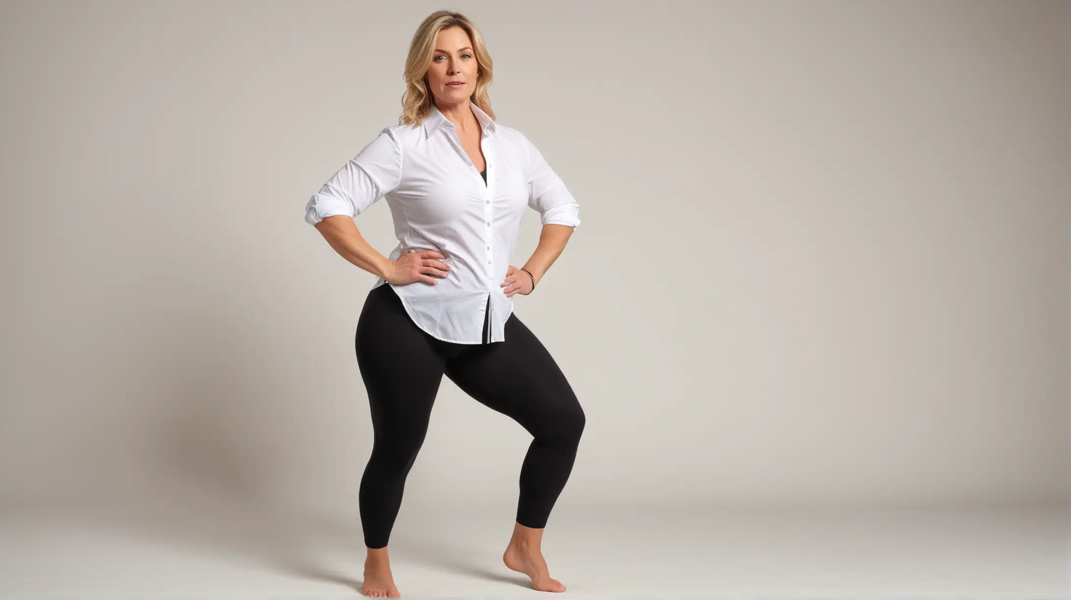 Mature, Curvy, Blonde Woman, untucked white stretch button down shirt, full black tights, no shoes, hands on hips, exercising, squatting down from standing position.
