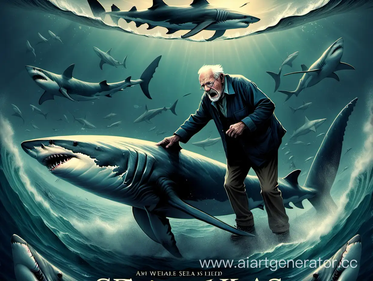 обложка для книги, море, акулы, кит, пожилой человек, борьба