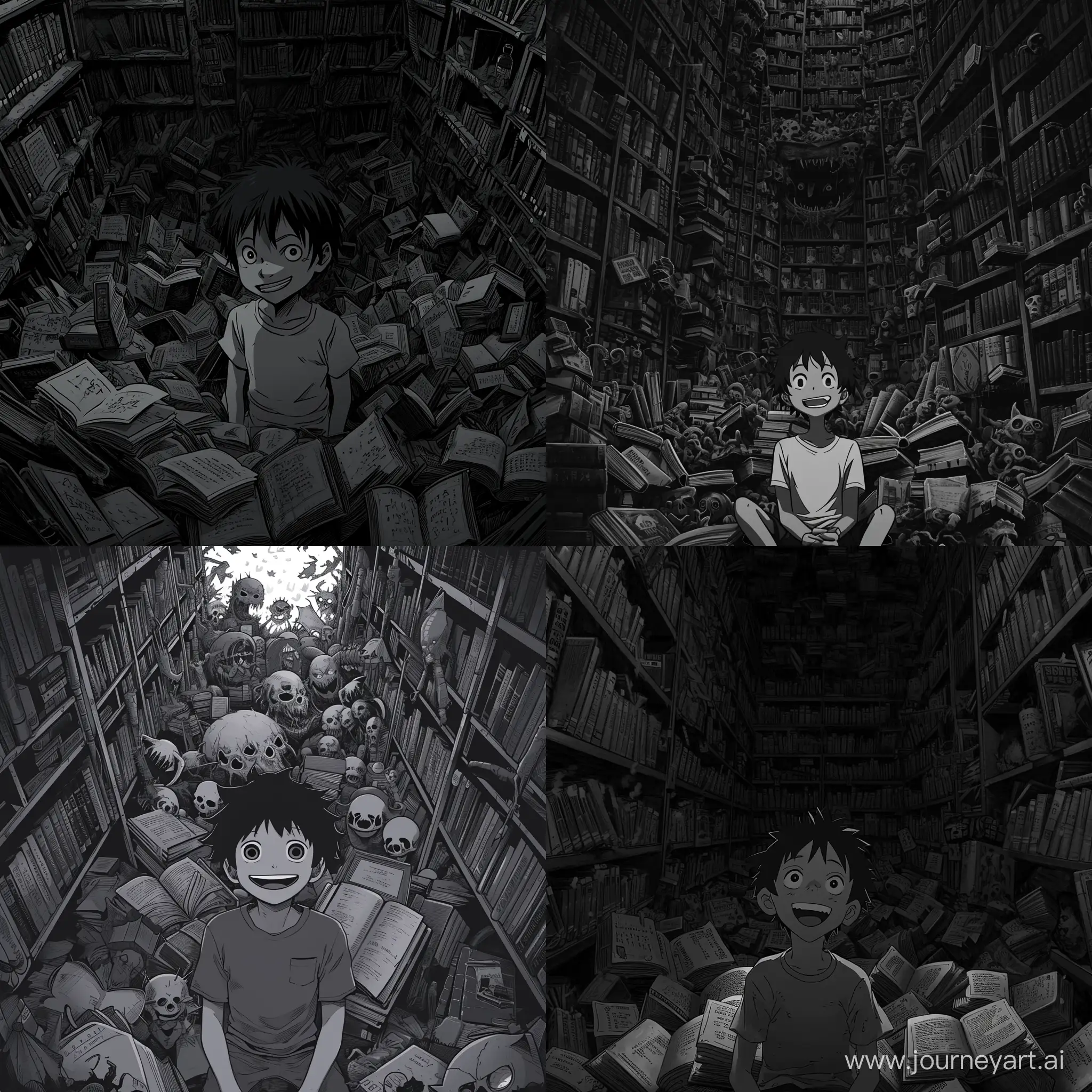 in a dark and eerie anime style reminiscent of Junji Ito's works a boy with an smile sits amidst a surreal library of bizarre, eldritch books. The color temperature is a chilling monochromatic grayscale