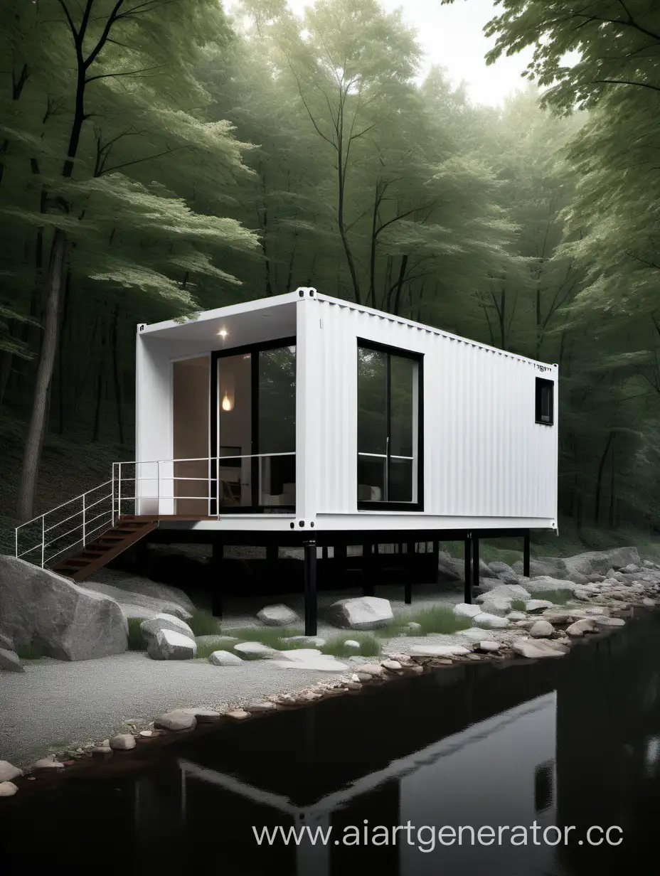 简洁干净的双层白色集装箱创意住宅坐落在树林中的小河流的边上