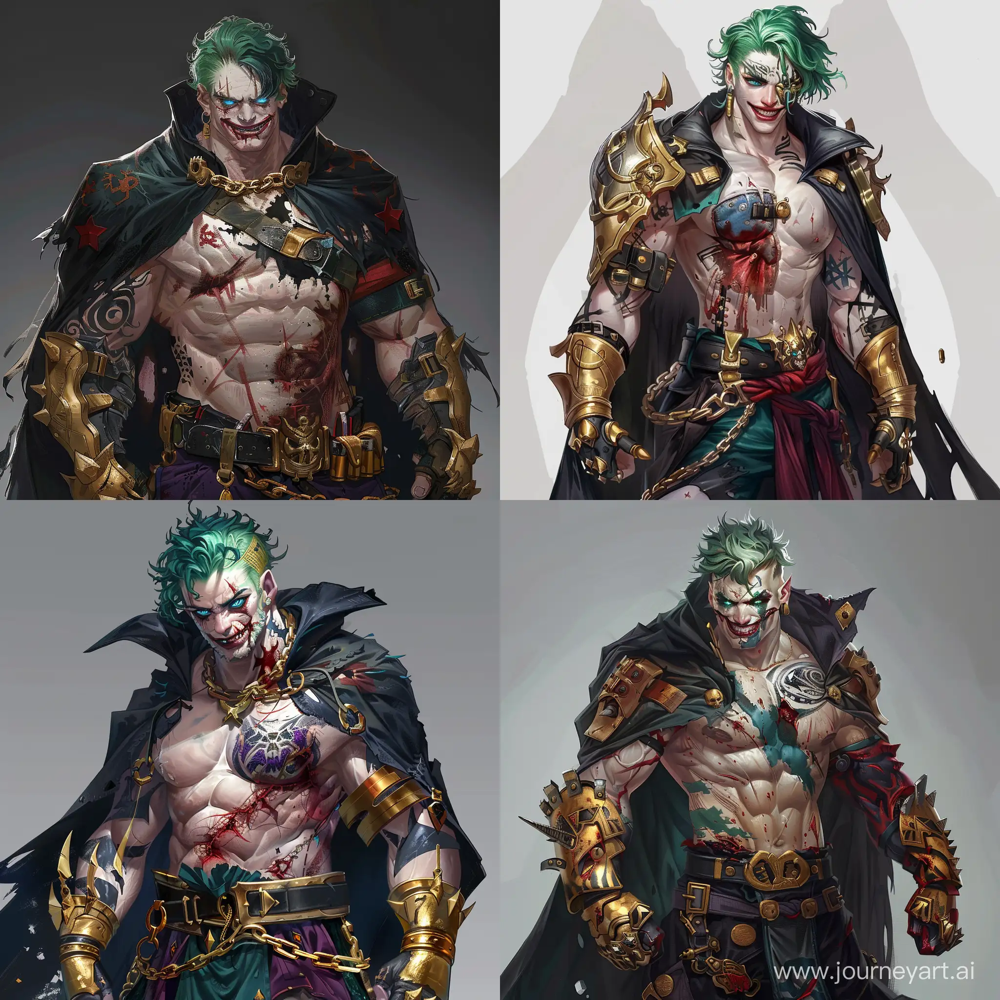 A beefy, handsome and pale man. Green hair, bright blue eyes and beautiful combat clothes. He has a huge scar on his chest, and his whole face is scarred. The whole body is covered in black and red tattoos. He uses gold gauntlets as weapons. He wears a black cape on top to hide his military attire.