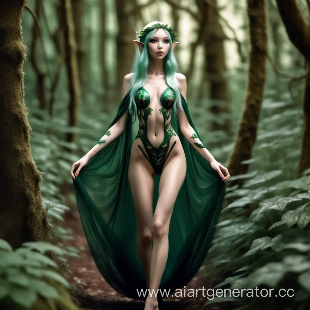 Симпотичная  девушка эльфийка, идет по сказочному лесу, у нее худые длинные ноги, на которых пять пальцев, ровные руки на которых по пять пальцев, она идет в роскошном боди, ее волосы очень очень  длинные, видна ее большая грудь