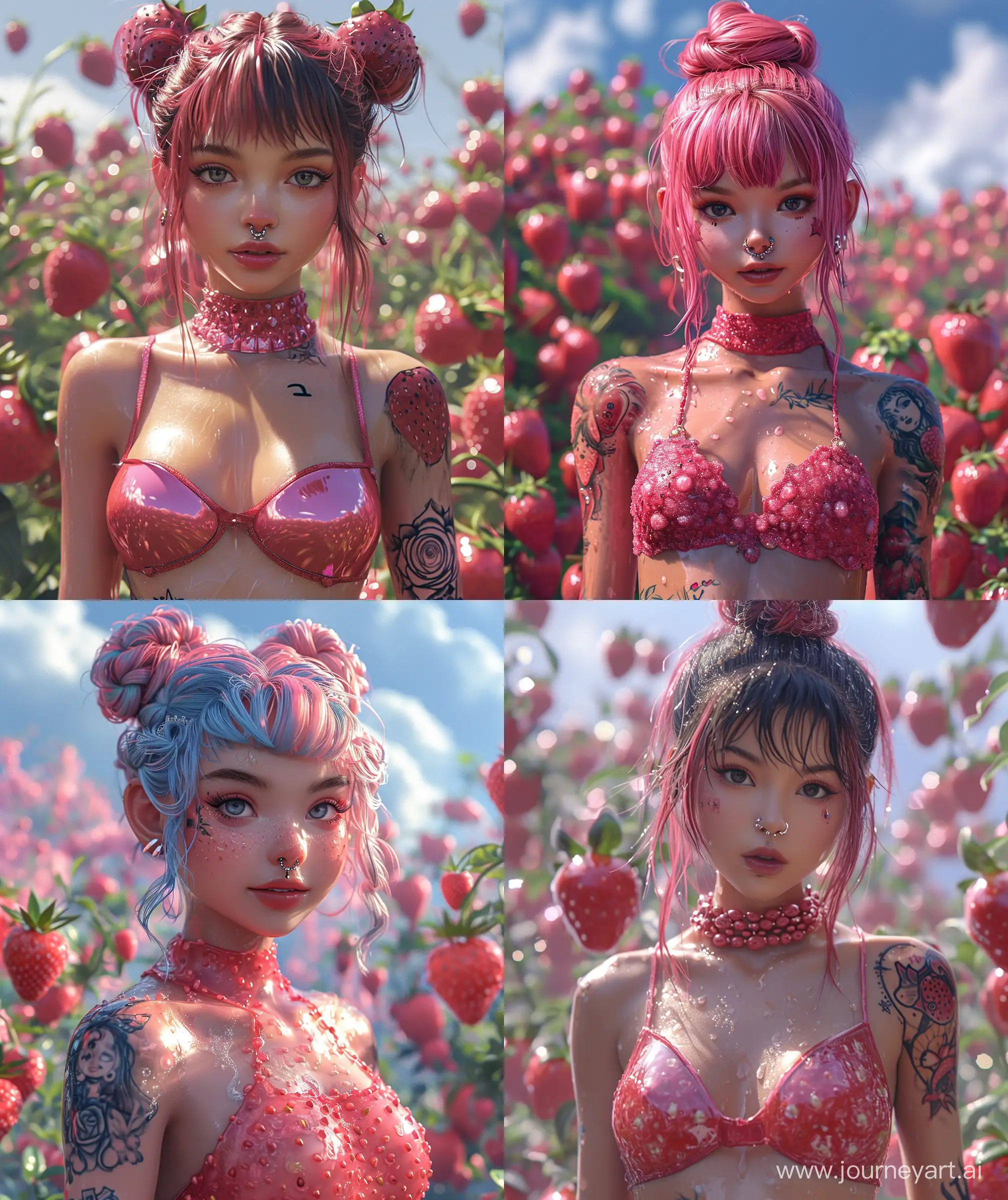 Strawberry garden , pink fruits background, sky, strawberry color top, tattoo arm, bun hair style, doll face, surrealism, laminating light, glossy upper body, nose ring, many stylish fruity accessories, cute, happy  facial expressions --v 6.0 --s 750 --ar 27:32
