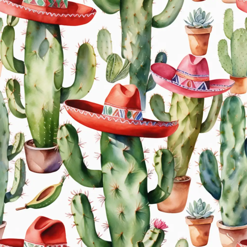 Vibrant Nopal Cactus Watercolor Painting in Mexico Hat