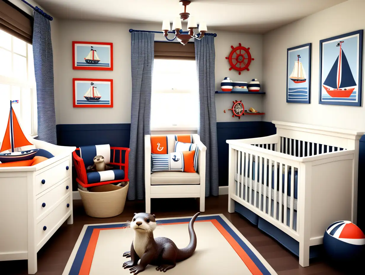 Boy nursery, decorated in bright nautical theme, with otter motif 