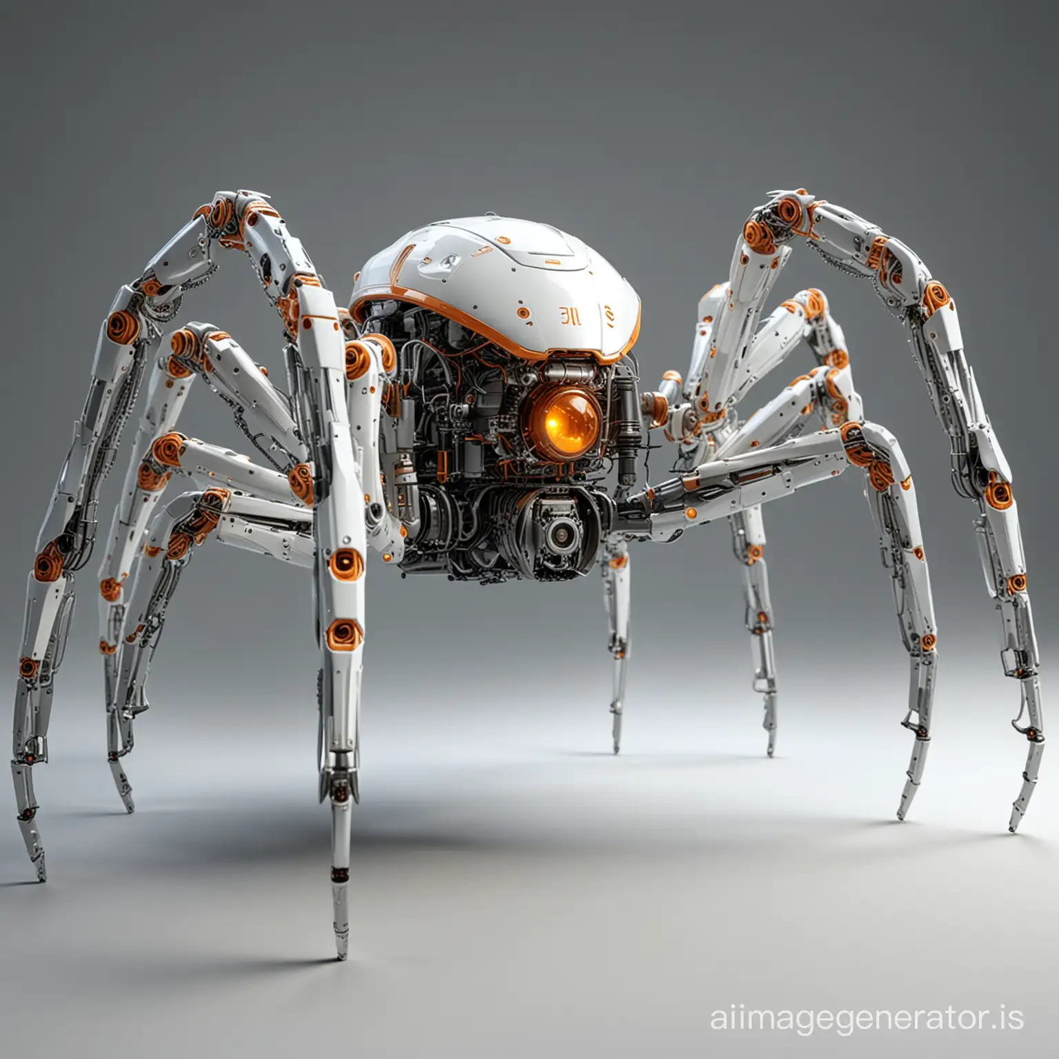 Lens: Wide-Angle Lens
Camera: Step back so we can see it's whole body
Subject: Robotic spider
Body Structure: Central non-spherical body with multiple articulated legs
Body Appearance: Sleek white and metallic surface with advanced technological design
Color Scheme: Silver, chrome, with orange light accents
Head: Small metallic head compared to the body size
Eyes: Two glowing orange eyes, create an intense, focused look
Legs: Eight long, slender, and jointed robotic limbs with pointed ends
Lighting: Ambient light reflecting off the metallic body, with orange lights providing a warm glow
Pose: Ready and alert, in a stance that suggests mobility and agility
Background: White
Environment: Appears to be a dark, smooth surface, possibly in a controlled setting like a lab or a testing ground
Atmosphere: Futuristic and high-tech, with a slightly ominous undertone due to the spider-like form
Detailing: Intricate with visible gears, hydraulics, and wiring within the joints and body segments
Technical Aspects: High-resolution image demonstrating complex mechanical engineering and robotics design
Overall Impression: A sophisticated and possibly autonomous robotic creature designed for precision and adaptability
