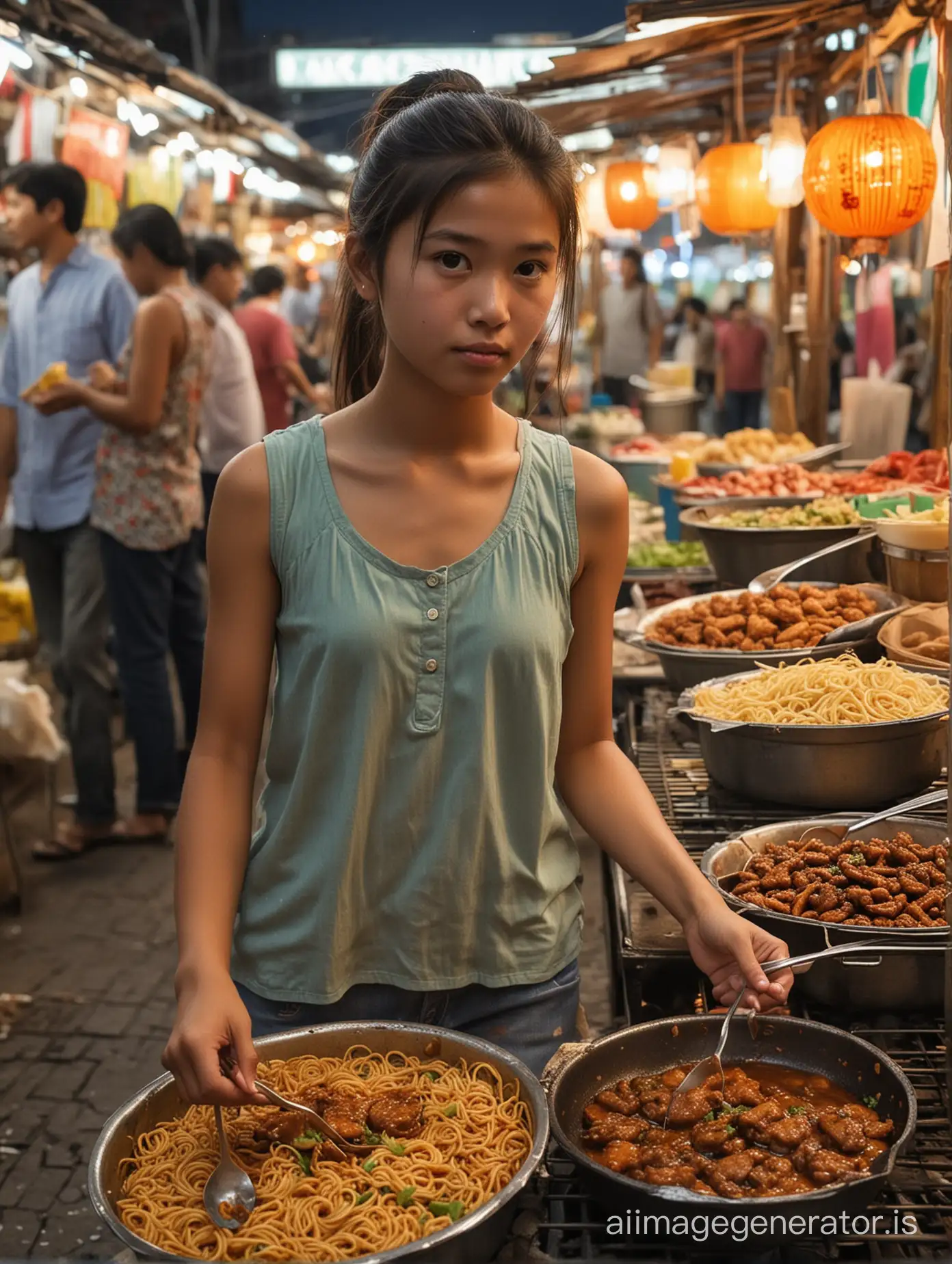 Enterprising-Young-Girl-Selling-Hamburgers-and-Satay-at-Bustling-Asian-Night-Market