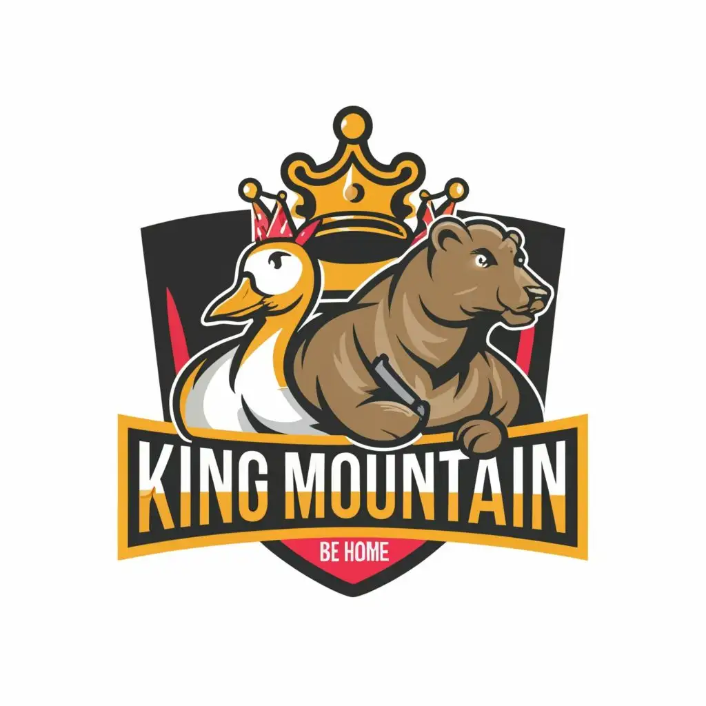 LOGO-Design-For-King-Mountain-Cartoon-Style-Goose-and-Bear-in-Yellow-Black-with-Sovereign-King-Stick