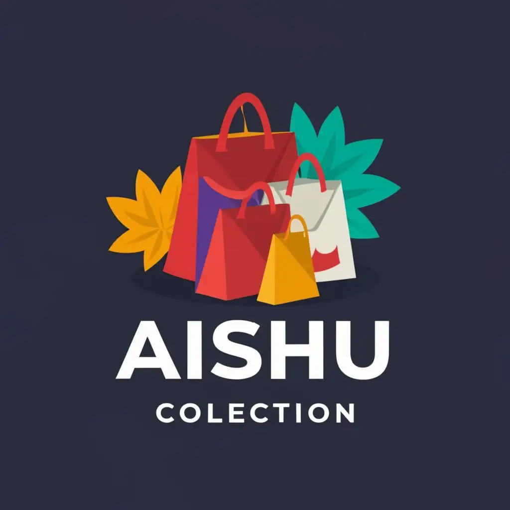 a logo design,with the text "AISHU COLLECTION.  AC", main symbol:Designer bags, shoes and Muslim garments (male and female) neatly packed. Bright, colourful flowers in the background.  Use Red, Royal blue and white colours. Vivid, realistic images,Moderate,be used in Retail industry,clear background