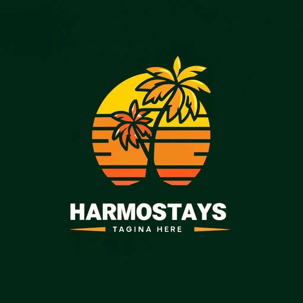 a logo design,with the text "Harmostays", main symbol:A tall and majestic coconut tree standing against a vibrant tropical sunset, with lush green leaves and golden coconuts swaying gently in the breeze.,Moderate,be used in Real Estate industry,clear background