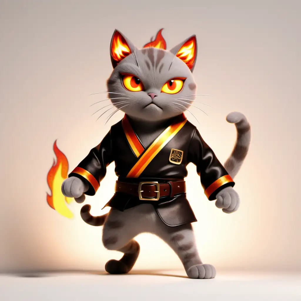 An animation of a cat with a brown belt and flaming eyes