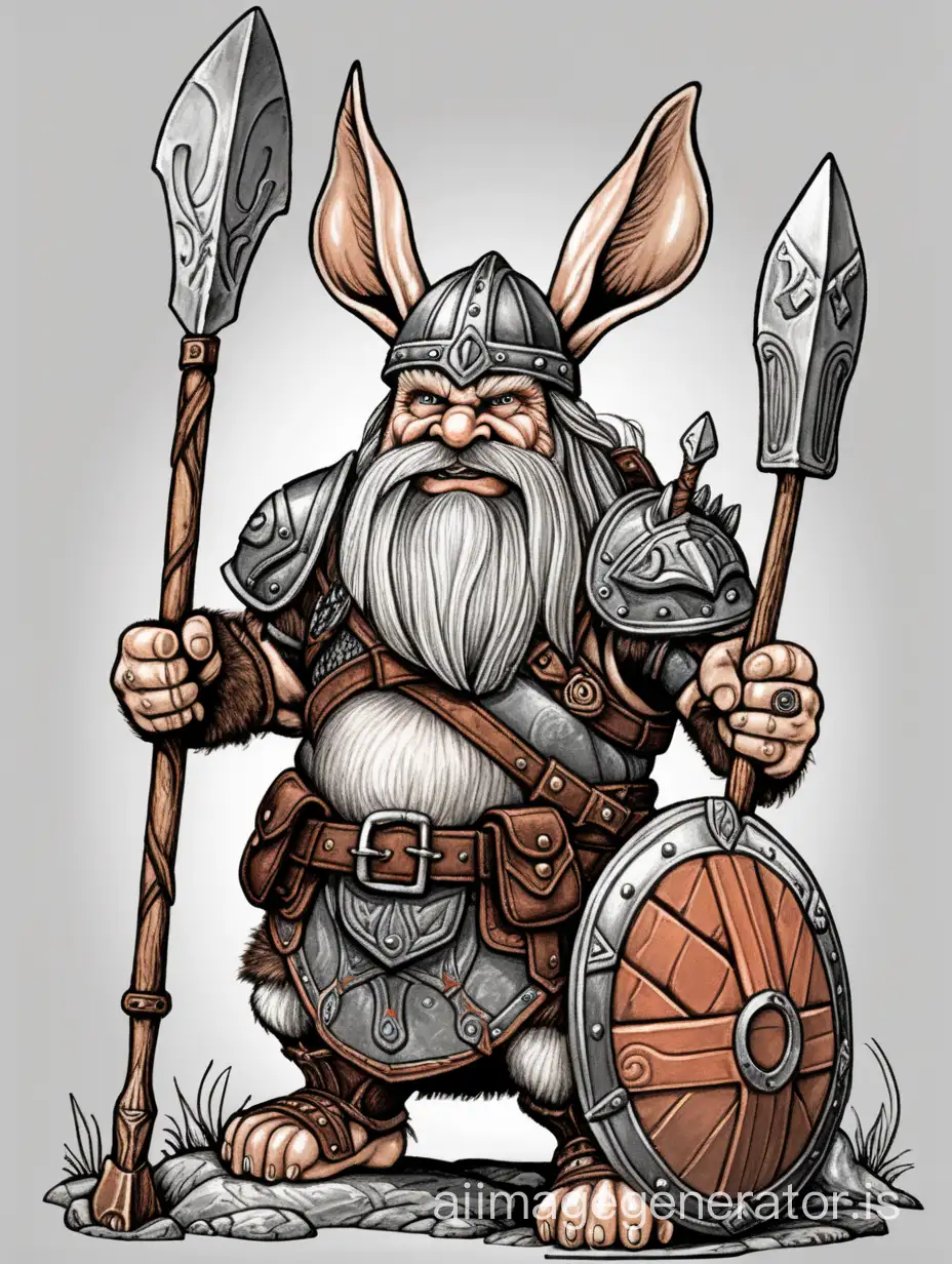 evil dwarf with Viking helmet and spear riding on grey armored rabbit, colored fine illustration