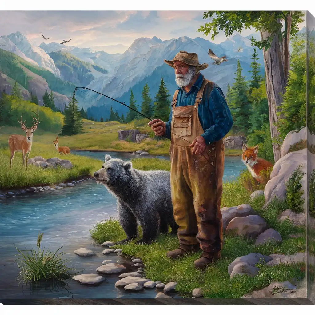 A long standing man fishing in overalls he has a greay bear, he is in a mountains location lots of friendly wild life in the background. 