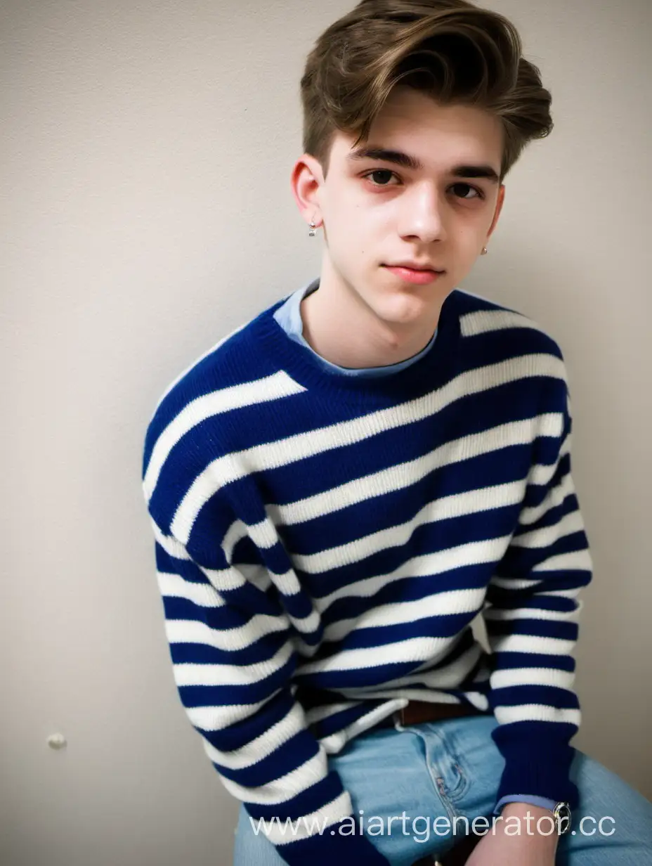 парень 18 лет синие джинсы серьги полосатый свитер 