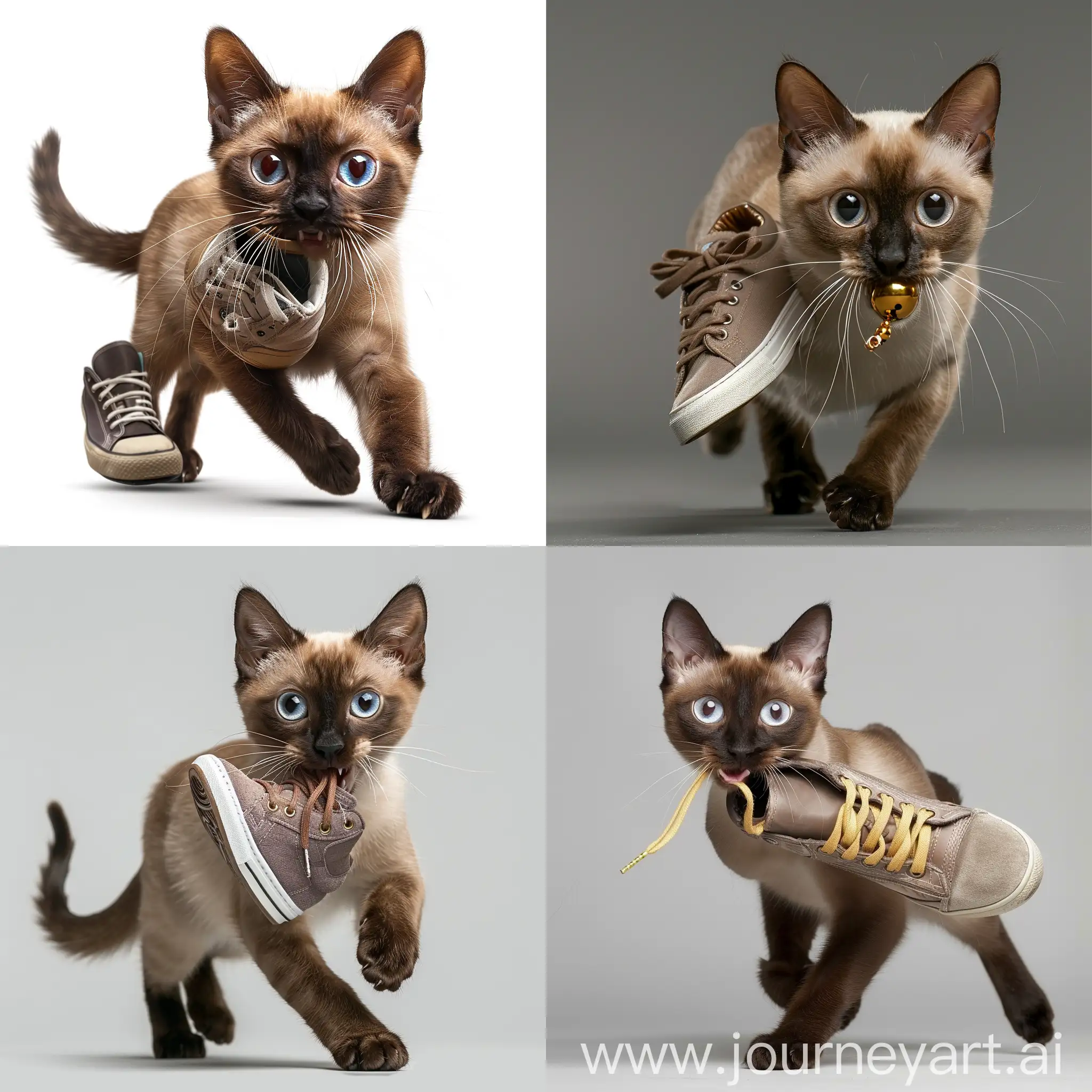 Realistic image. A cute burmese cat. Cat running with stolen sneakers in it's mouth. Cat has chocolate color