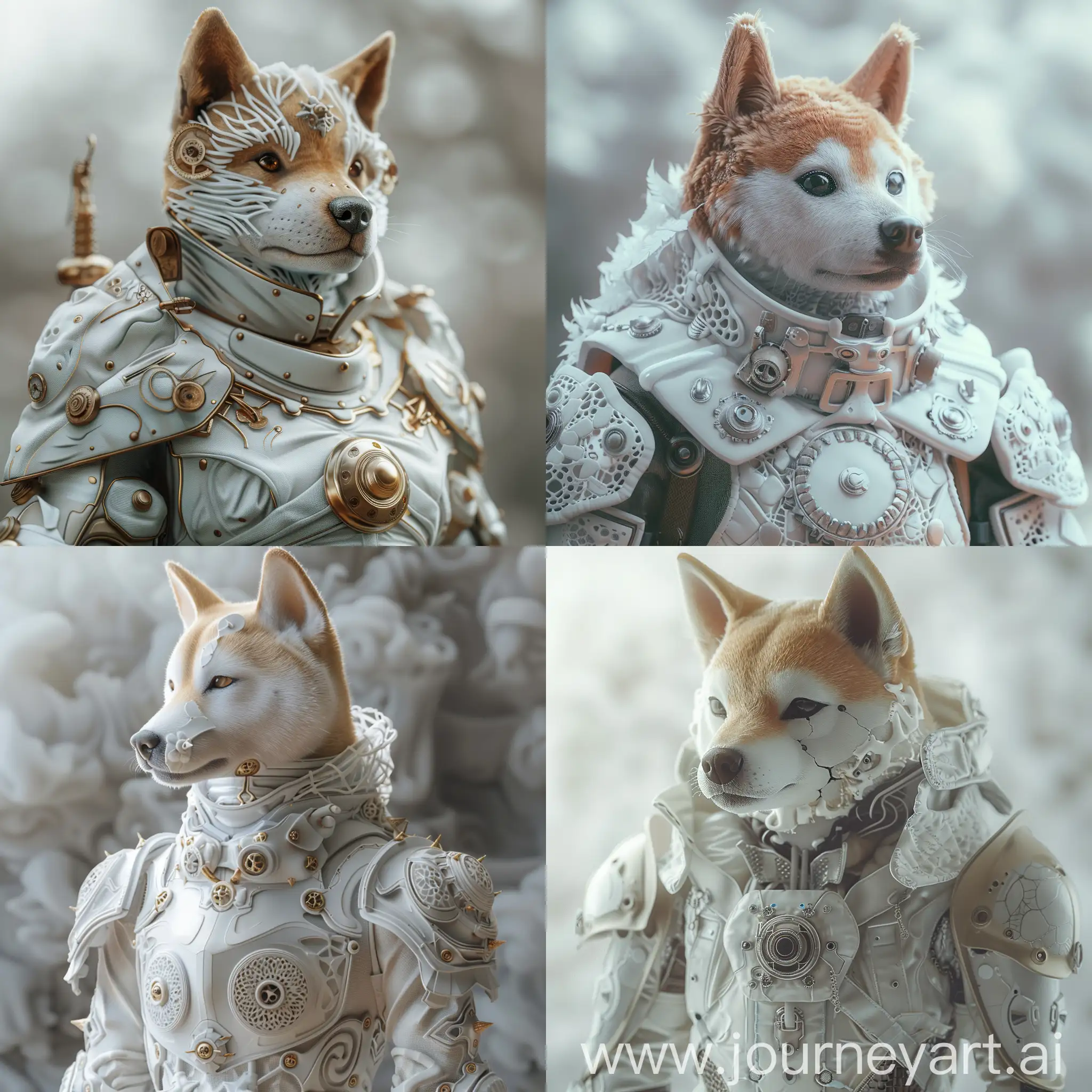 humanoid fat shiba inu dog steampunk eyes, realistic, organic fractal white armor, intricate colors, unreal engine highly rendered, cinematic, ethereal, misty, soft lighting, intricate macro details, 8k resolution hdr