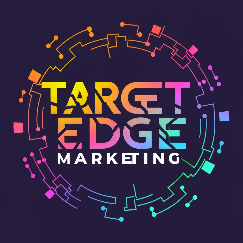 a logo design,with the text "TARGET EDGE MARKETING. TEM", main symbol:Design patterns flying from Desktop screen. Colourful, realistic and vivid designs of patterns in the background, be used in Technology industry