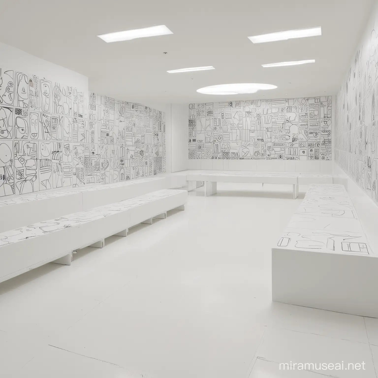 Contemporary White Room Adorned with Artistic Drawings on Benches and Walls
