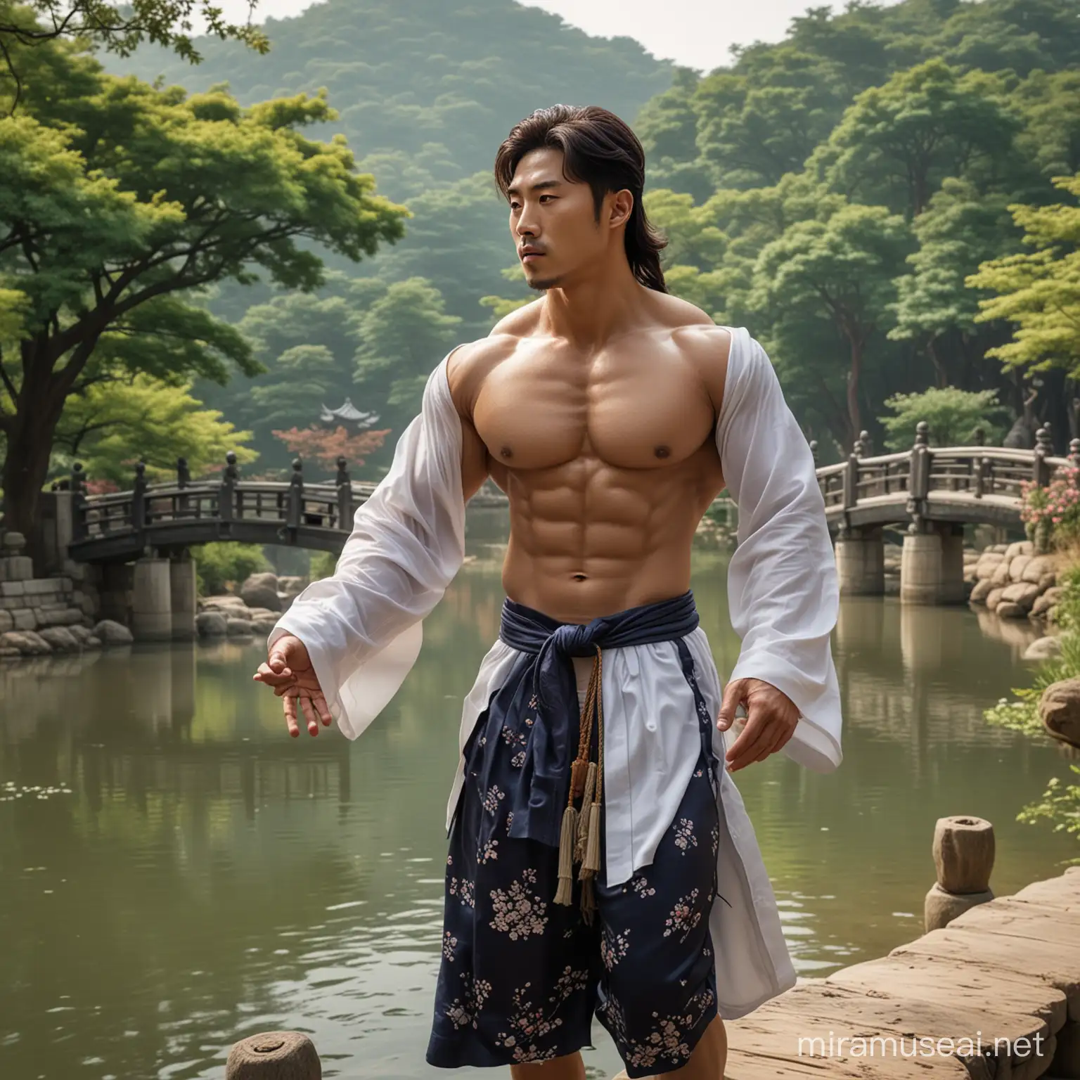 A hyper-realistic photo of a very attractive handsome Korean muscular bodybuilder with long flowing wavey hair dressed in traditional clothing with a bare torso showing his thick muscles, big biceps and massive chest, standing on a foot bridge over a river in a beautiful traditional Korean garden. 
