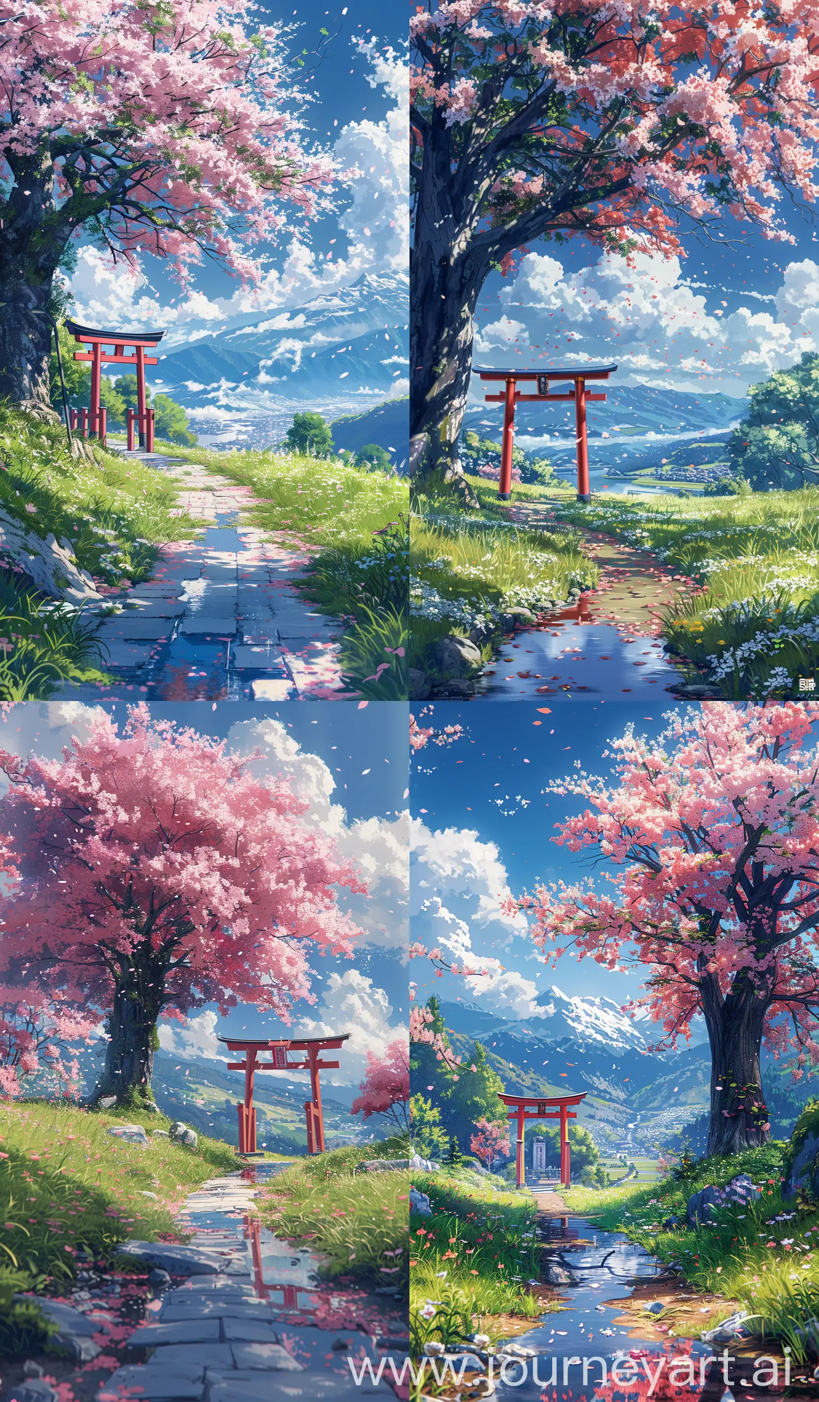 Beautiful anime scenary, mokoto shinkai style, country side walk way, big cheery blossom tree, "red tori gate front of cherry blossom tree", grass and flowers, small water flowing, Switzerland country side, morning view, illustration, 4k picture, "ultra HD", high quality, beautiful summer,sharp and smooth details, no blurry picture, no hyperrealistic --ar 10:17 --s 400 