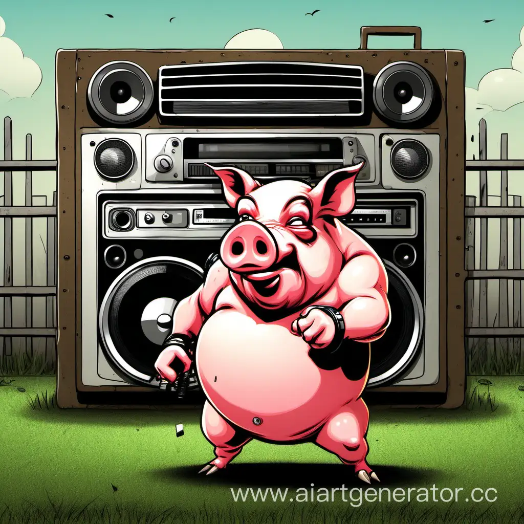 злая свинья с музыкальной колонкой во дворе
