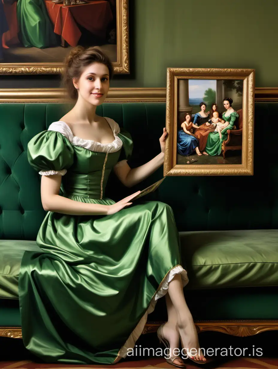 a beauty woman In a green dress sitting on a couch holding a picture of a family with a picture of them on it's side, classical painting, detail background, happy, figurativism, Avgust Černigoj, a painting