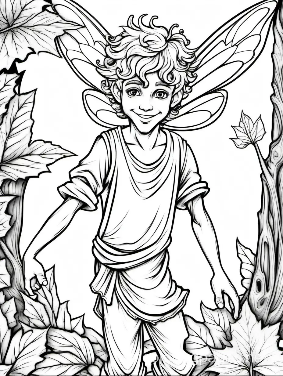 perfect handsome male fairy face, full view the male fairy is dancing on a tree. The male fairy is dressed in a beautiful costume.
, Coloring Page, black and white, line art, white background, Simplicity, Ample White Space. The background of the coloring page is plain white to make it easy for young children to color within the lines. The outlines of all the subjects are easy to distinguish, making it simple for kids to color without too much difficulty