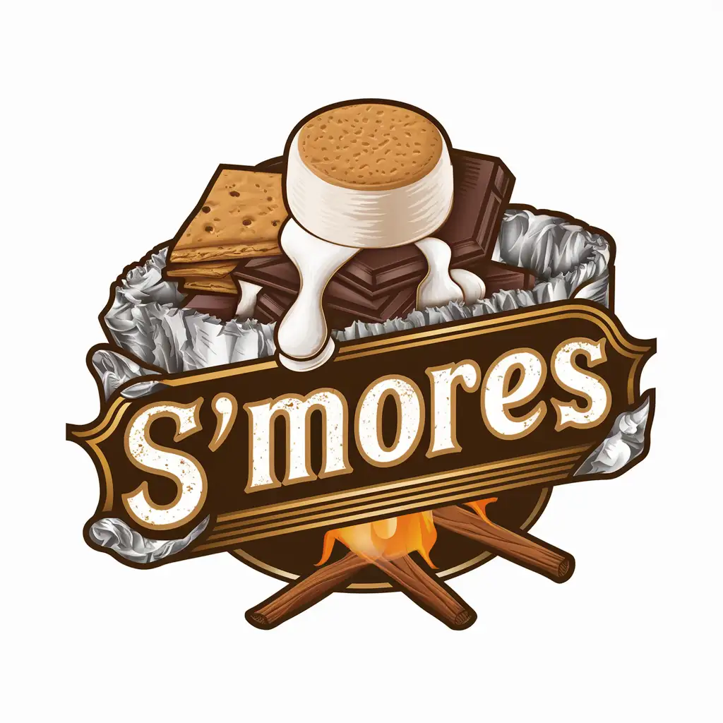 smores in aluminium foil tray fully marshmallow on top. make it as logo.