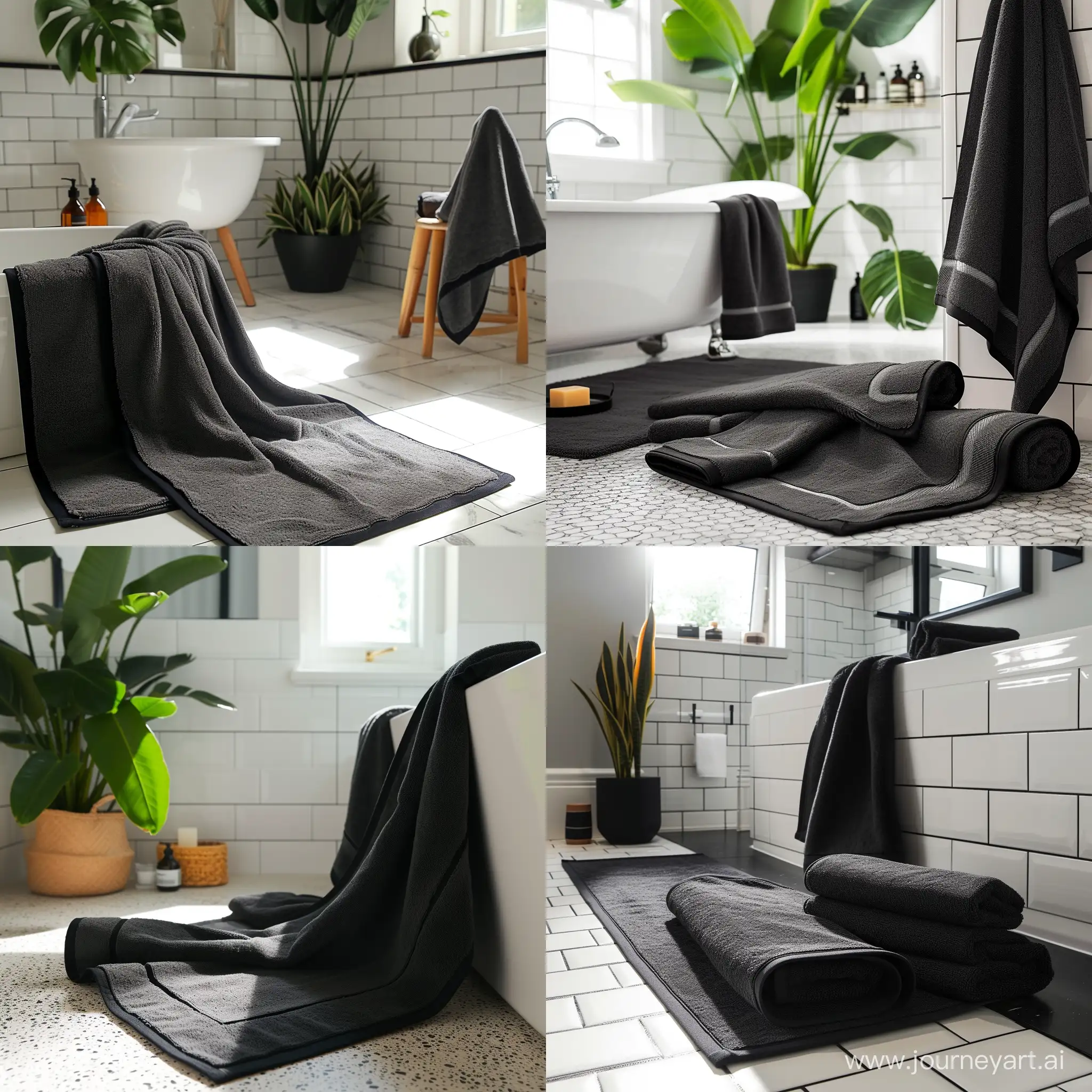 Покажи темные однотонные банные полотенца без рисунков, с черными бортиками по всему периметру, которые лежат в стильной , светлой , ванной комнате 
