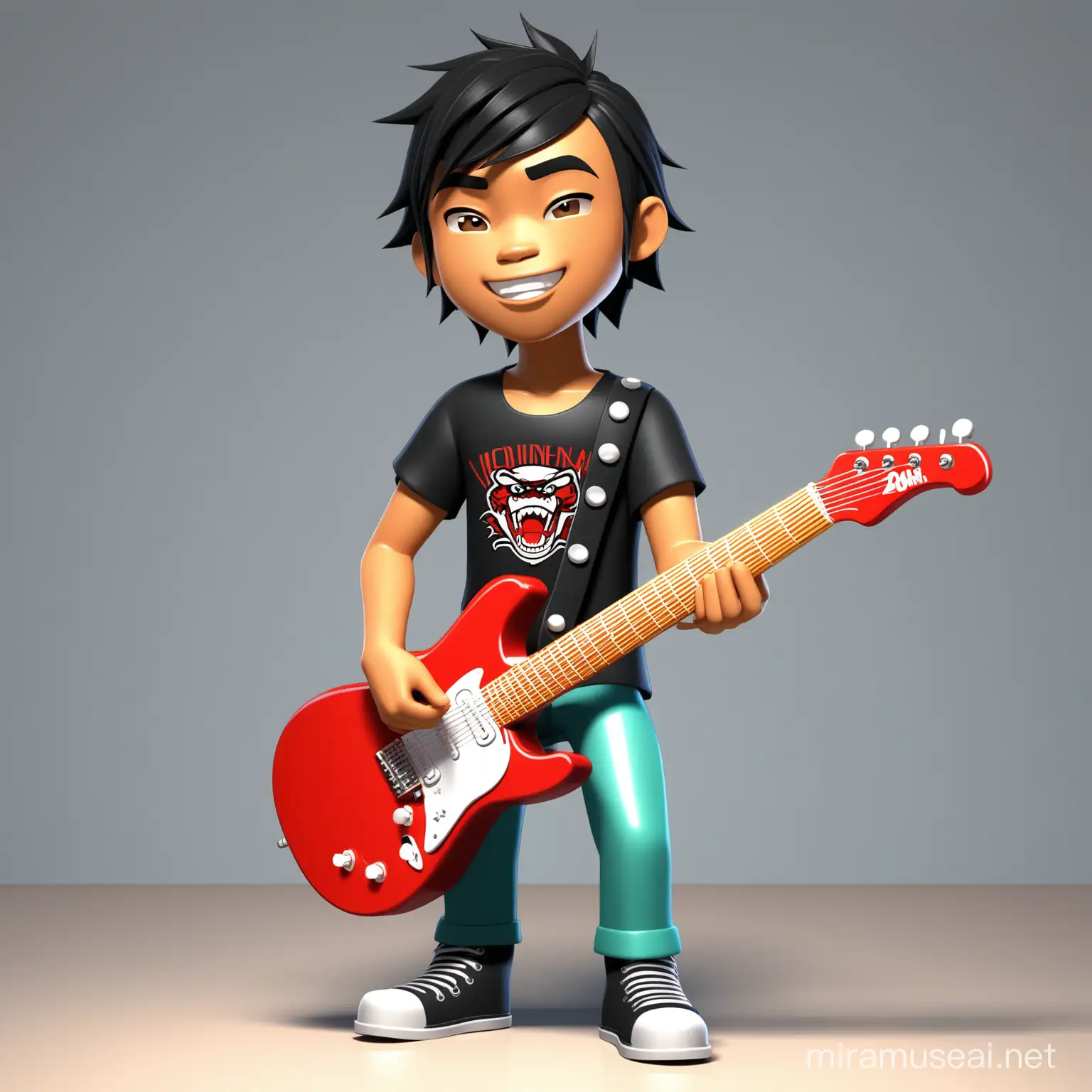 Karikatur 3D pria indonesia umur 20tahun pemain gitar roker 
