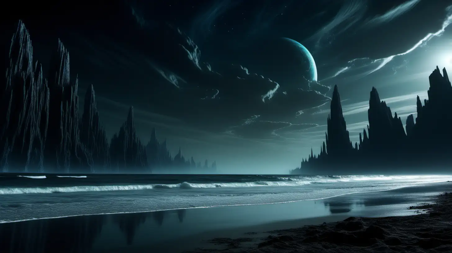 A dark beach on an alien world, with a strange alien sky
