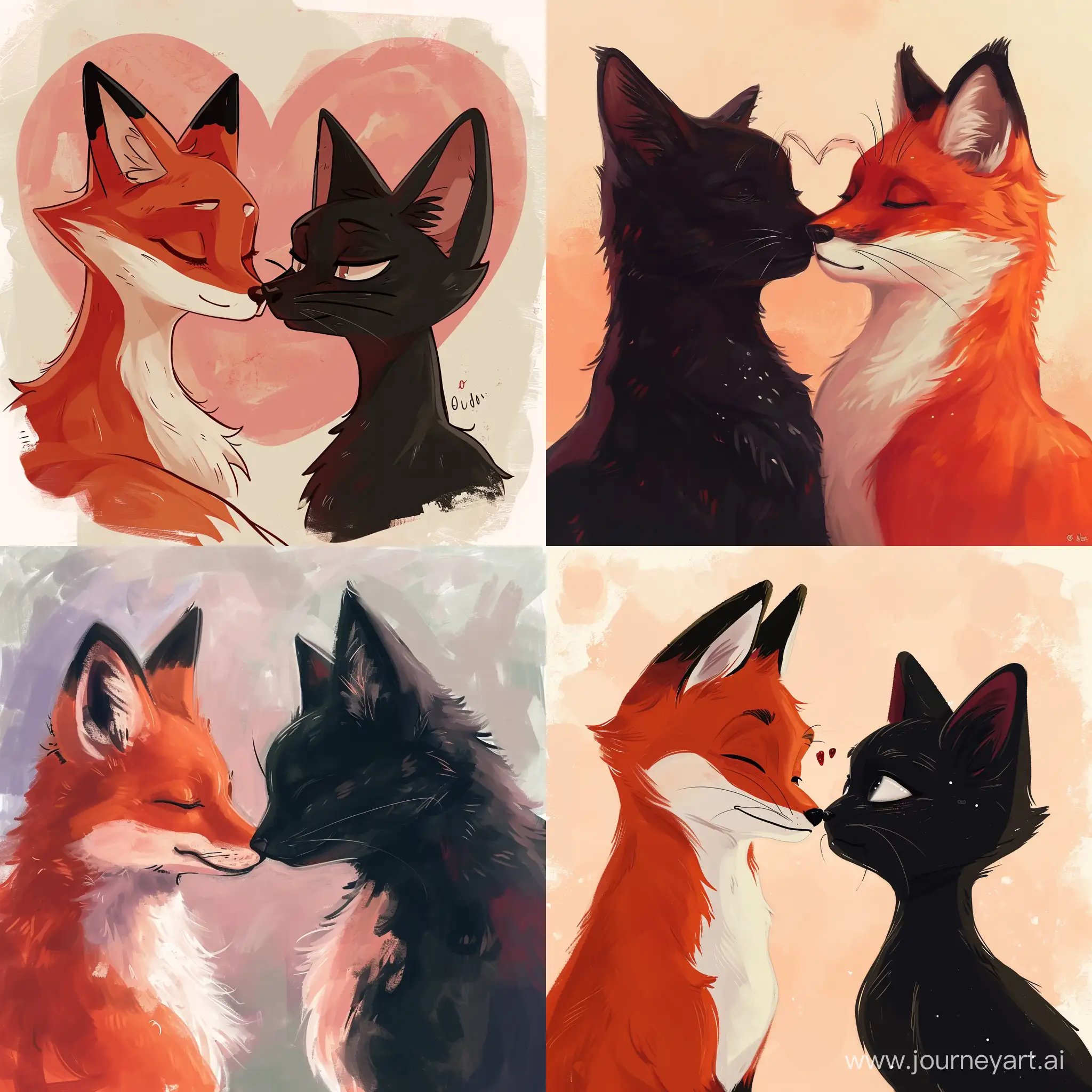 A red fox and a black cat in anime style joined foreheads in a heart