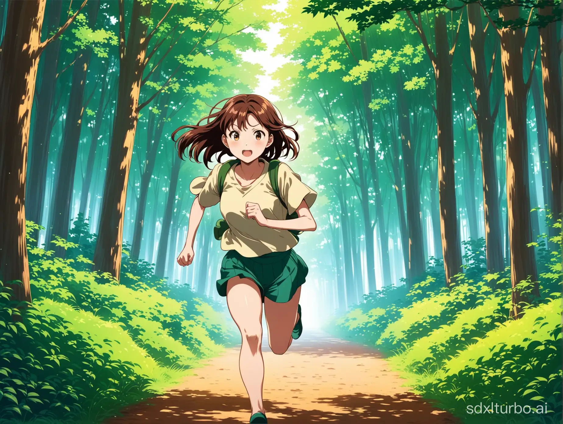 Japanese anime style，a girl is running in the forest
