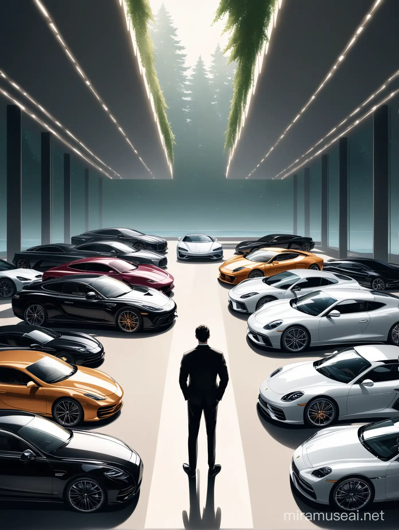 a person surrounded by piles of material possessions—luxury cars, expensive gadgets, and lavish items; In contrast, there's another scene where the person stands in a minimalist setting—a serene space with only essential items and natural surroundings. 