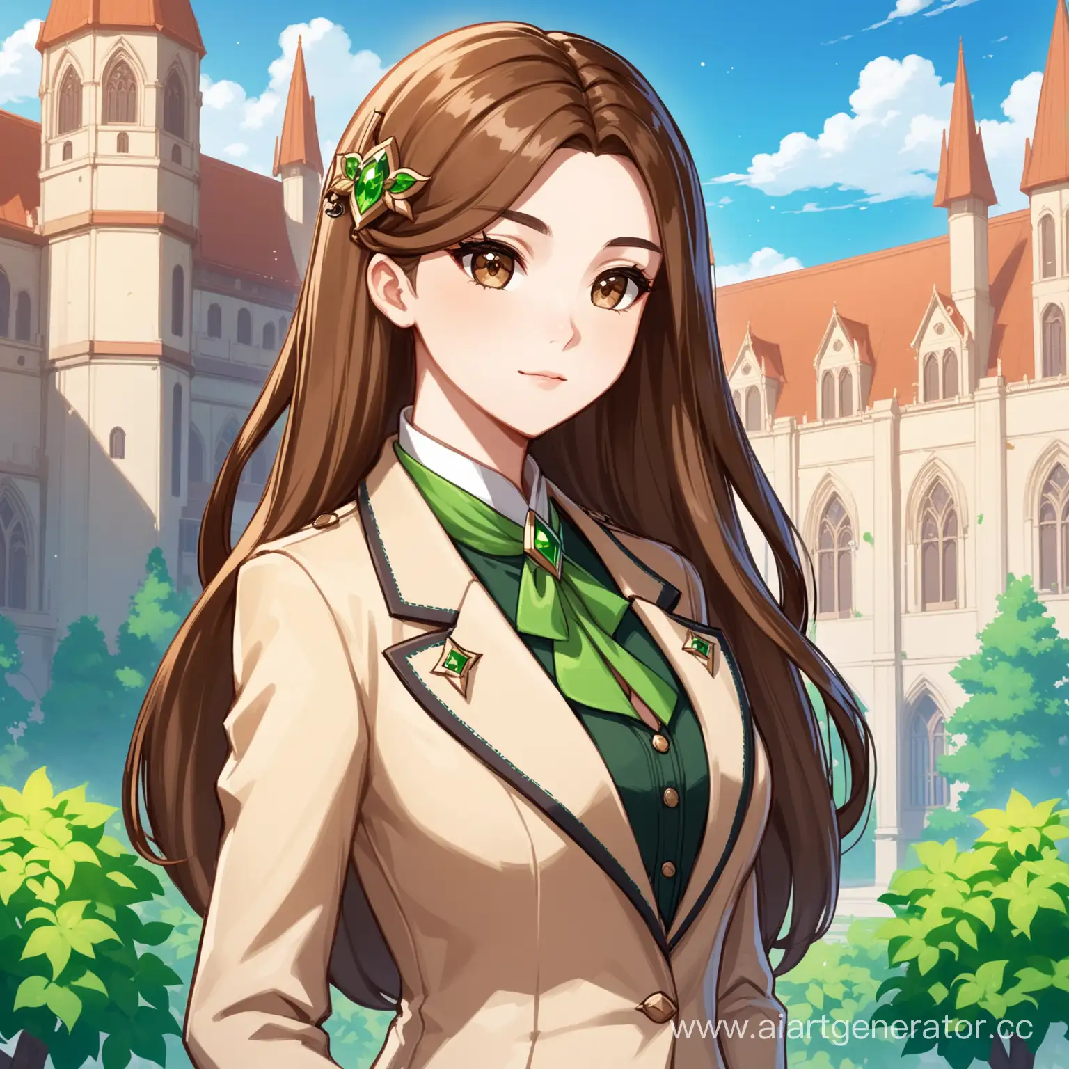create a character in genshin impact style. A tall young woman, a magician who owns dendro green power. She is a psychologist, wears a beige suit, but make it with more details. she has a long brown hair with different beautiful barrette and clips. She has light-brown eyes
The background is dark academia in an old univercity campus 