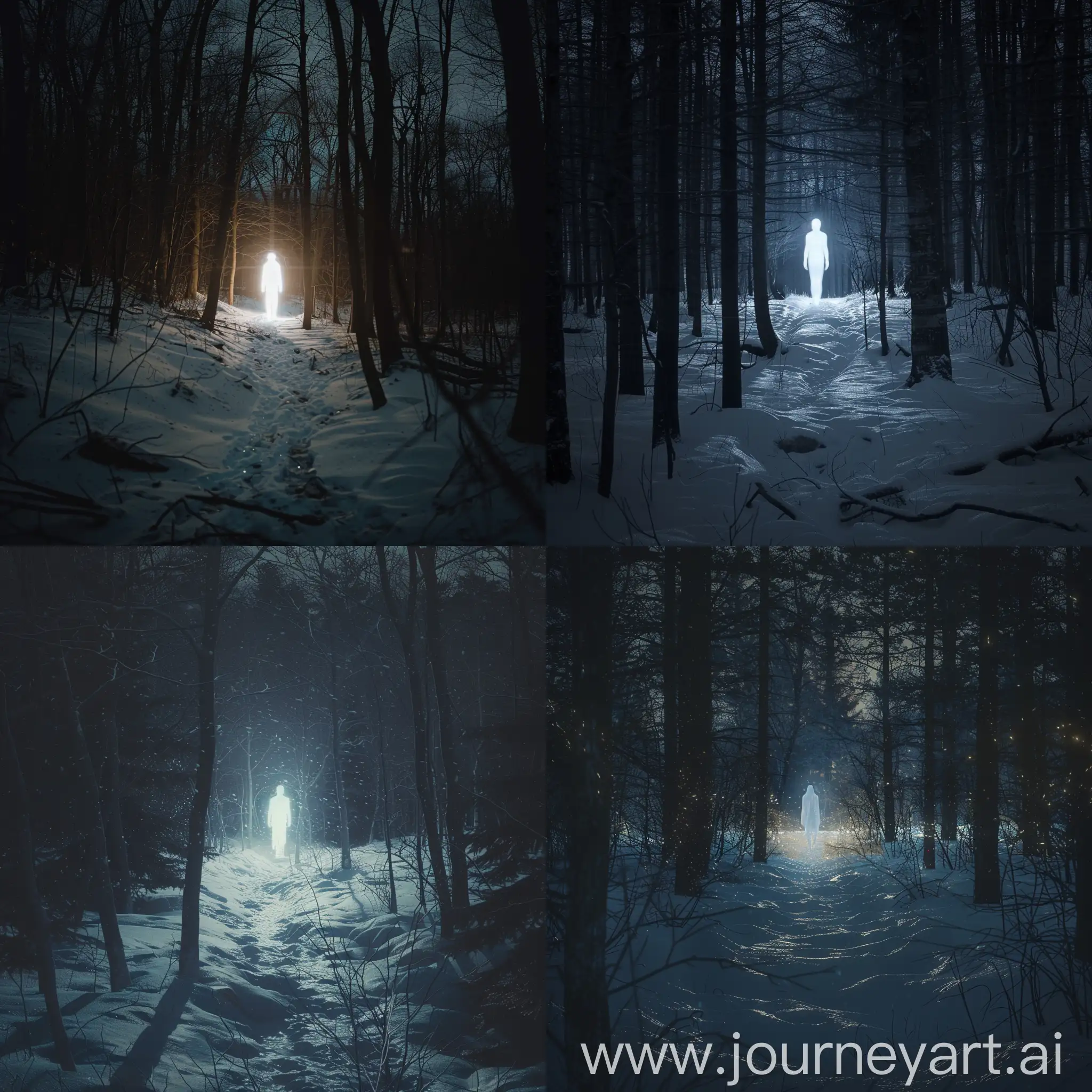 a white and very strongly luminous human silhouette in the distance illuminates the winter night in the forest around it, photo, cinematic, extremely detailed, natural lighting, very intricate details, ultra high quality, photorealistic photo