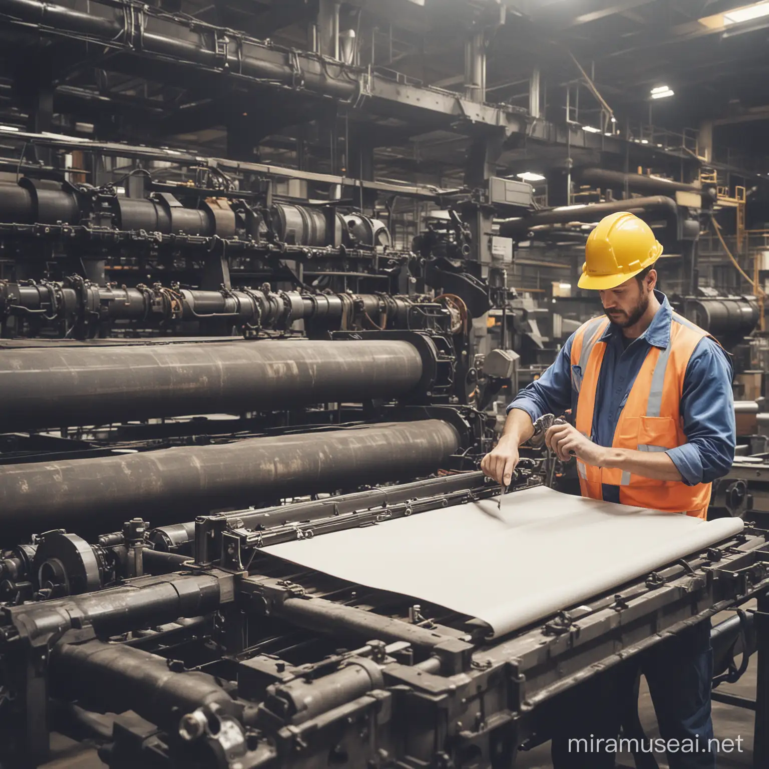 a machine fitter performing maintenance in a paper mill, raw style