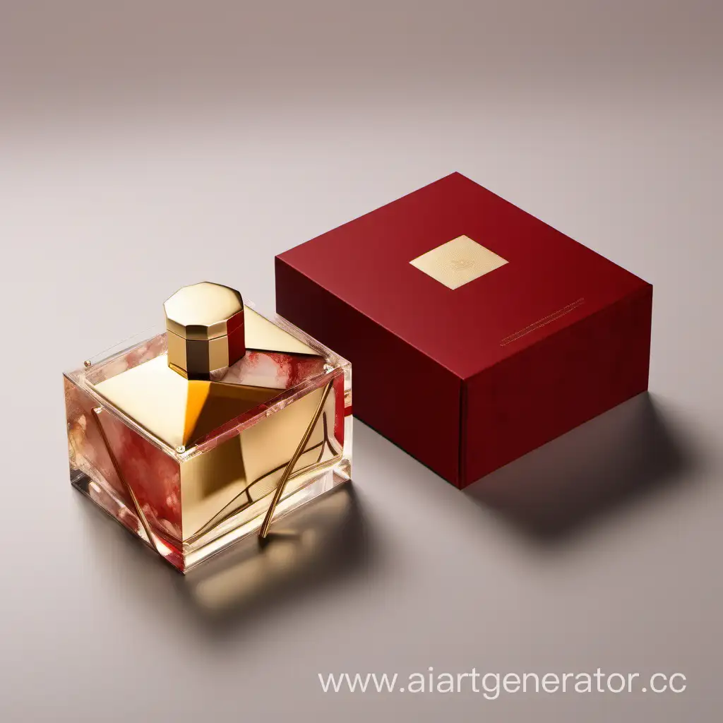 empaque femenino para perfume, dorada, elegante, incrustación roja que simule una piedra preciosa, minimalista