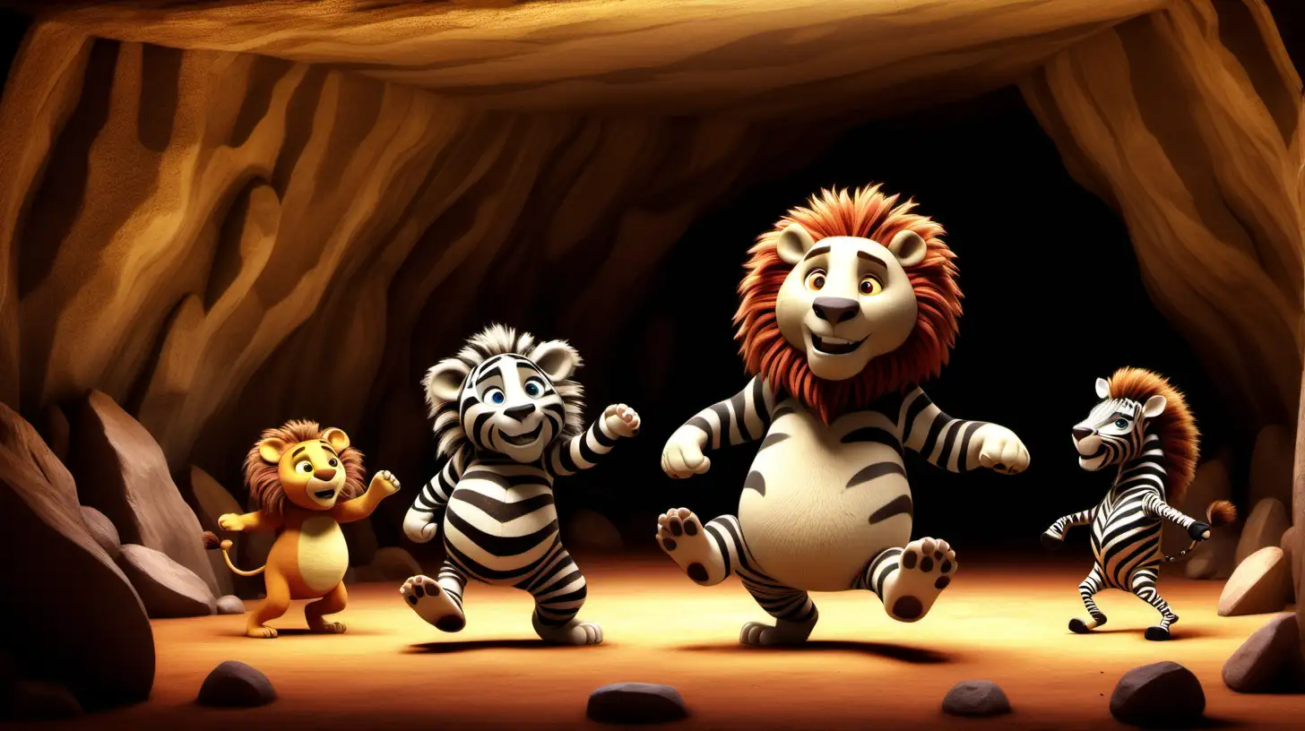 dancing bear lion zebra , in a cave , pixar style 