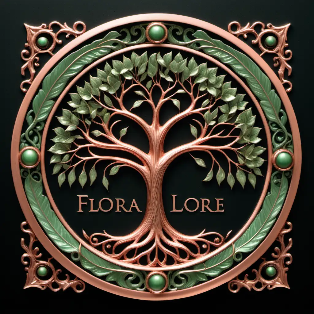 Flora Lore Logo Copper Tree with Metallic Green Leaves on Black Background