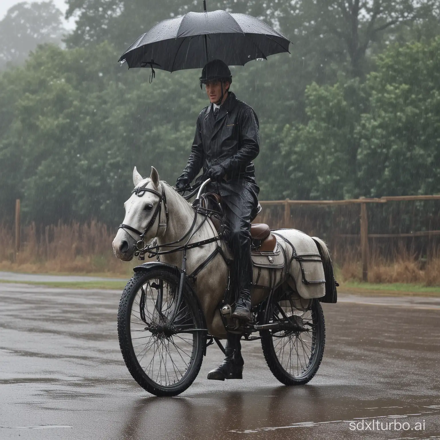 The steed standing in the rain.